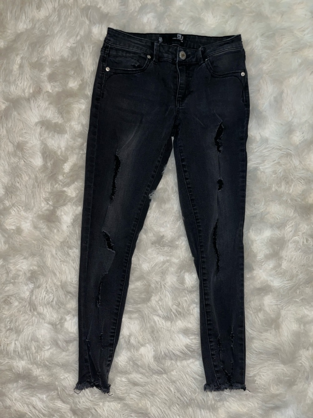 Black Distressed Skinny Jeans with Frayed Hem